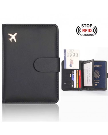 Porte-passeport en cuir PU - Portefeuille - Blocage RFID/NFC - Noir