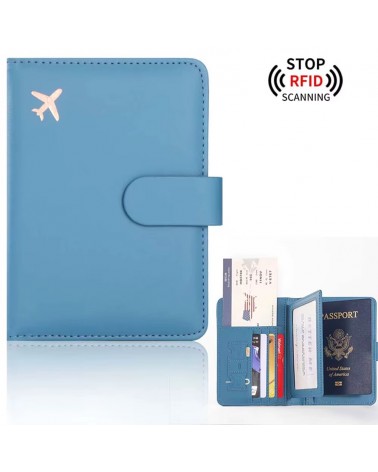 Porte-passeport en cuir PU - Portefeuille - Blocage RFID/NFC - Bleu
