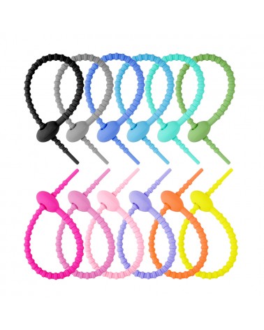 Pack of 12 Reusable Straps - Colored Silicone Fasteners - Multi-purpose